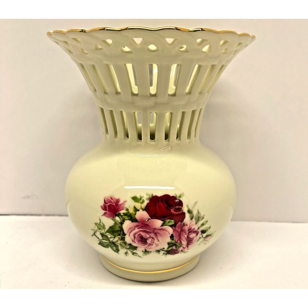 Formalities Baum Bros Victorian Rose Pierced Lattice Rim 5.5" Vase-Vintage